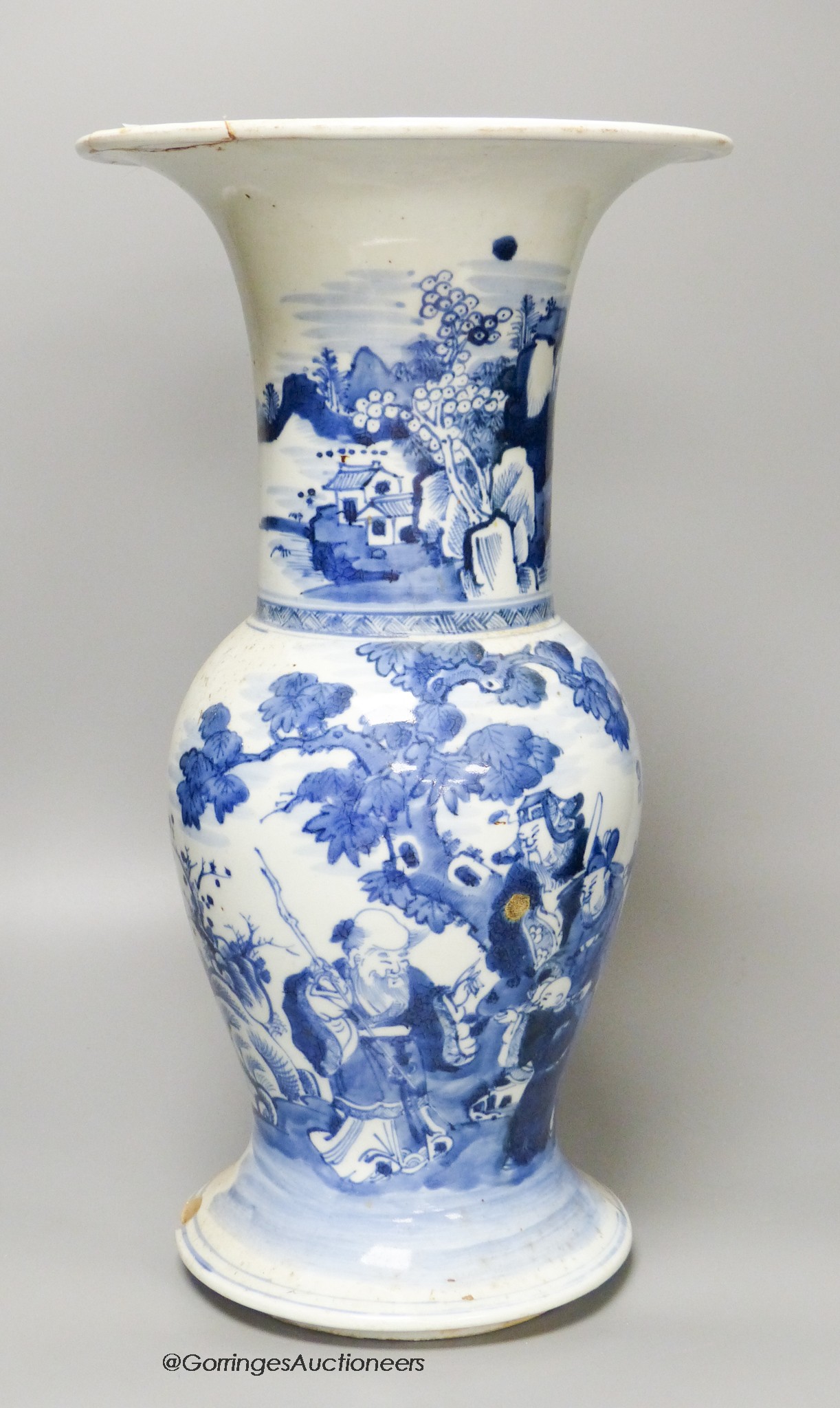 A Chinese blue and white yen yen vase, damaged, 41cm high